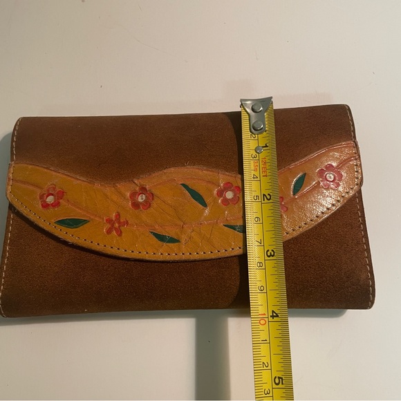Vtg 1970's Hippie Suede Wallet Floral Snap Closure Clutch Brown Leather Brazil - Picture 9 of 10